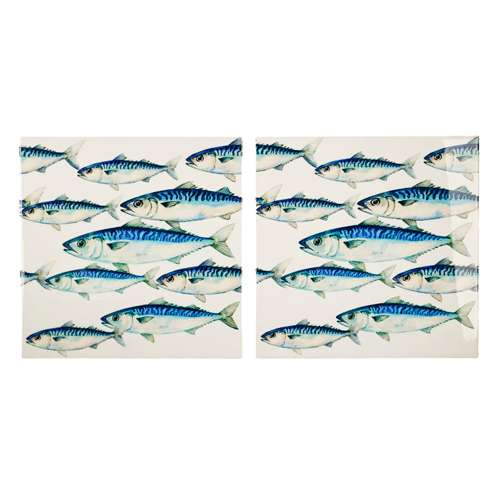 SALE SET - Pair of 20cm Mackerel Shoal tiles on White Background