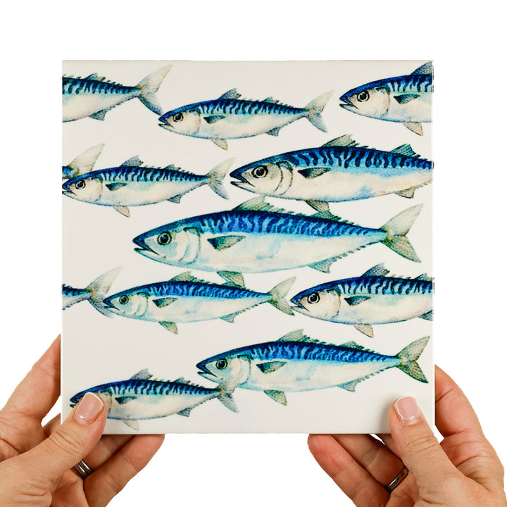 SALE SET - Pair of 20cm Mackerel Shoal tiles on White Background