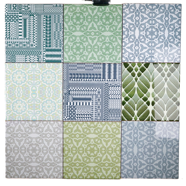 SALE SECOND SET of 9x 15.2cm - Mixed Design Tiles (pale blue/green)