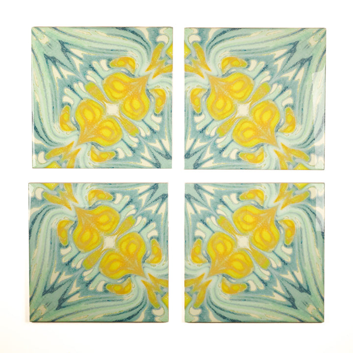 SALE - Set of 4 x 20cm Vintage Bouquet Tiles - Yellow Green - Large Scale / Section