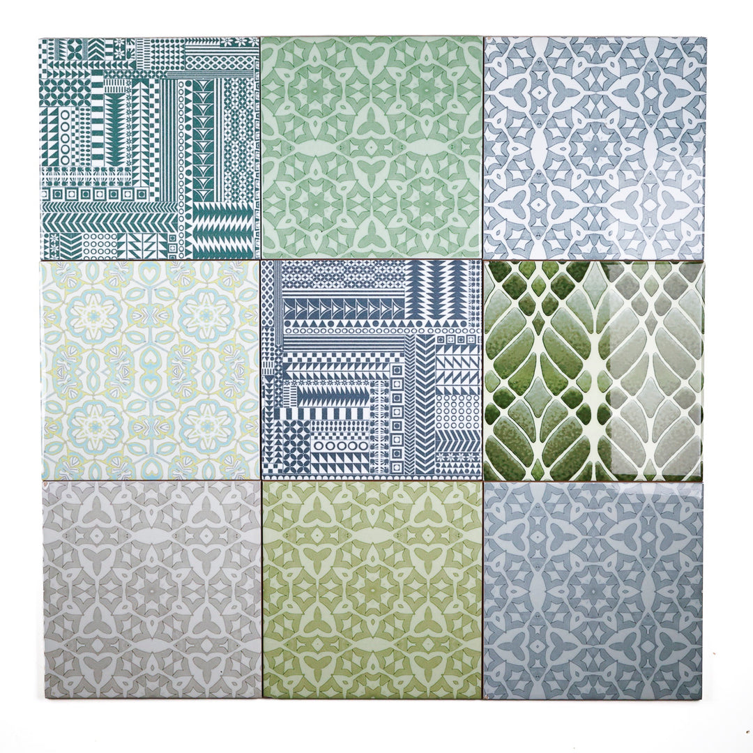 SALE SECOND SET of 9x 15.2cm - Mixed Design Tiles (pale blue/green)