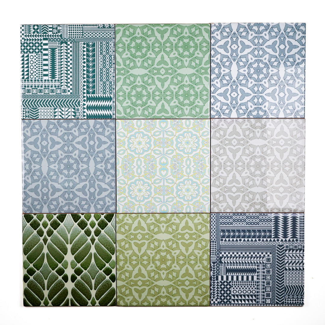 SALE SECOND SET of 9x 15.2cm - Mixed Design Tiles (pale blue/green)