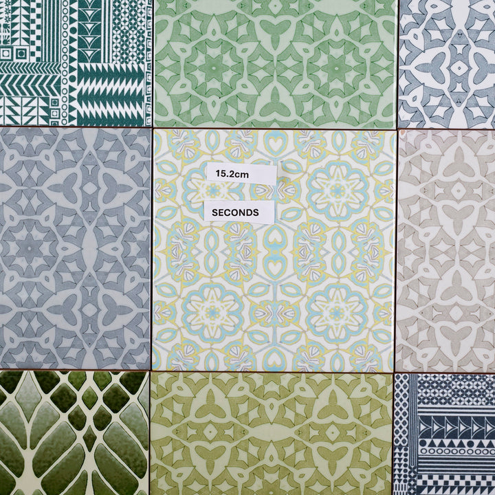 SALE SECOND SET of 9x 15.2cm - Mixed Design Tiles (pale blue/green)