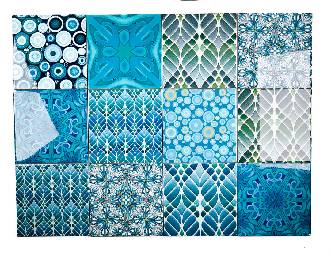 SALE SECOND SET of 12 x 15.2cm - Mixed Design Tiles (blues/greens)