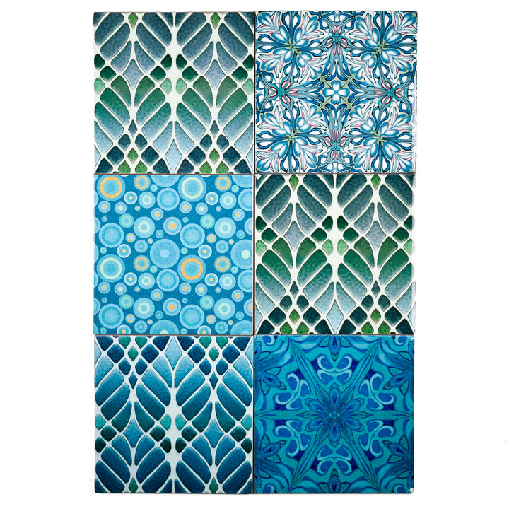 SALE SECOND SET of 12 x 15.2cm - Mixed Design Tiles (blues/greens)