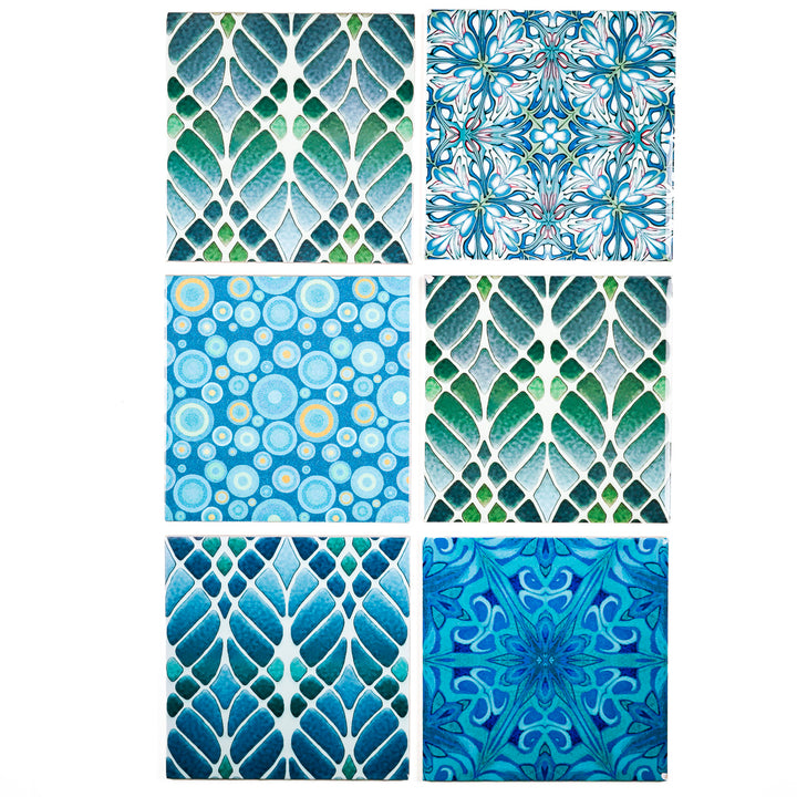 SALE SECOND SET of 12 x 15.2cm - Mixed Design Tiles (blues/greens)