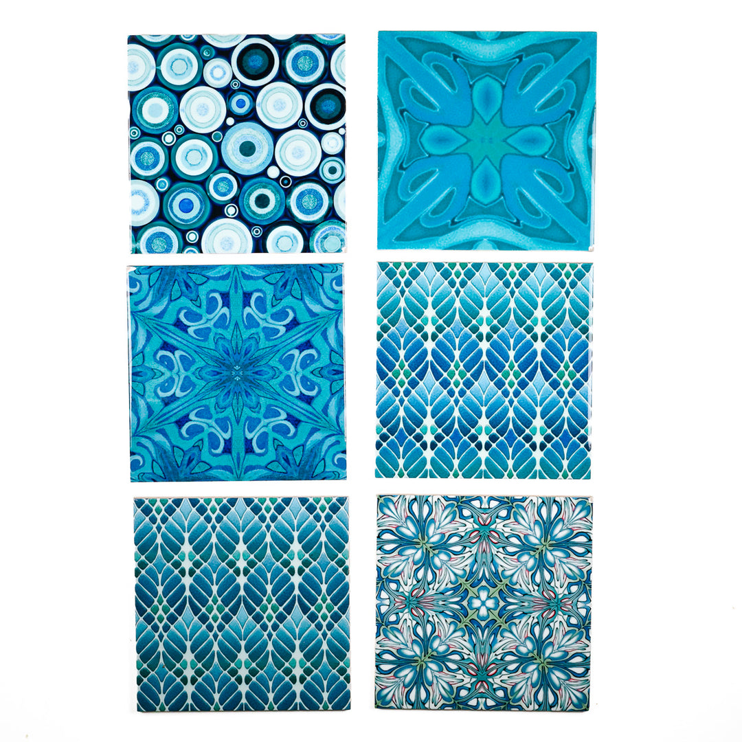 SALE SECOND SET of 12 x 15.2cm - Mixed Design Tiles (blues/greens)