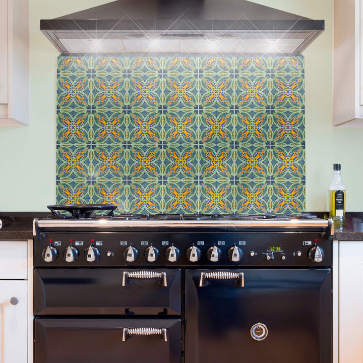 Thistle Arts &amp; Crafts Glass Splashback - sage green, orange and dark blue