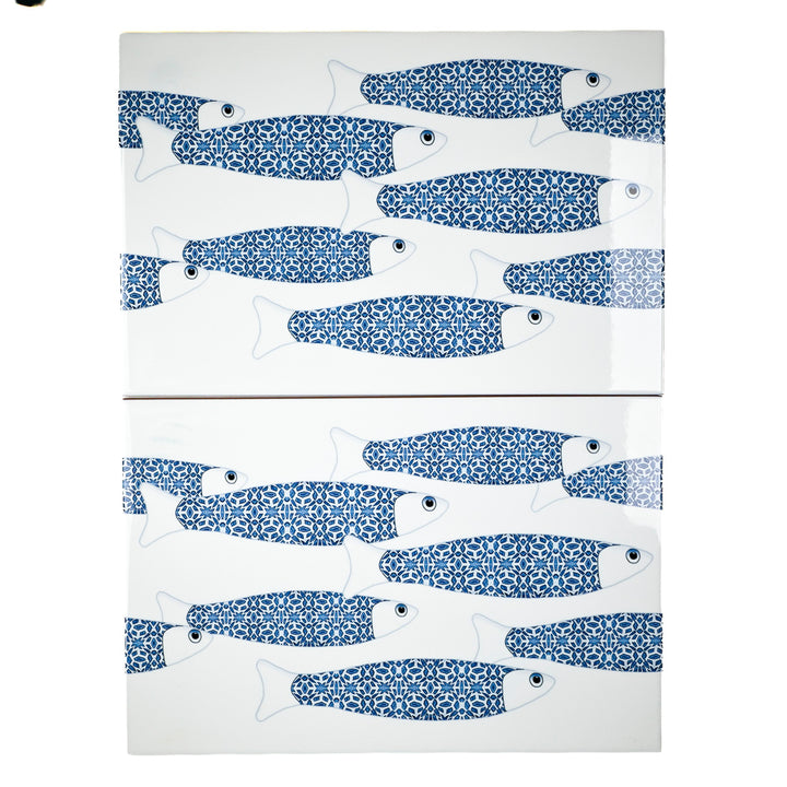 SALE SECONDS - 2x White Blue Ocean Shoal - Border version - Large Rectangular Tiles - 30x20cm