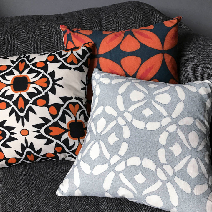 Orange Flower Linen Blend Cushion including pad